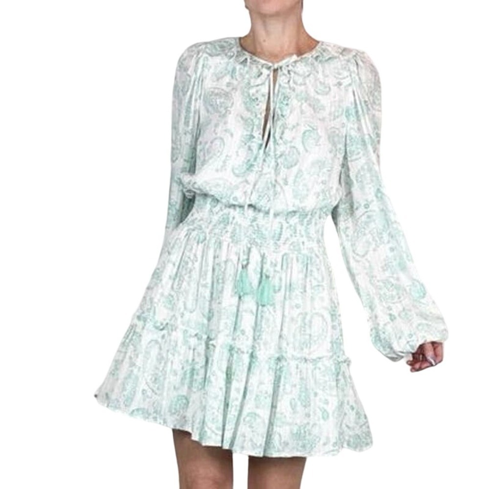 House of Harlow 1960 Paisley Long Sleeve Ruffle Smocked Mini Ajay Dress Mint XS